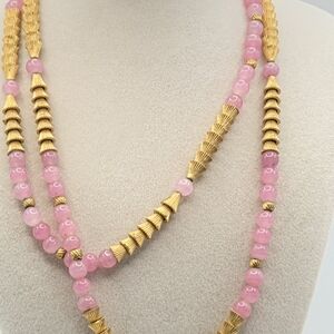 Vintage Pink Glass Beads With Ornate Gold-Tone Spacers Opera Length Necklace